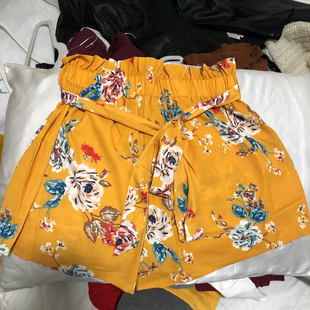 Shein mustard shorts with floral print